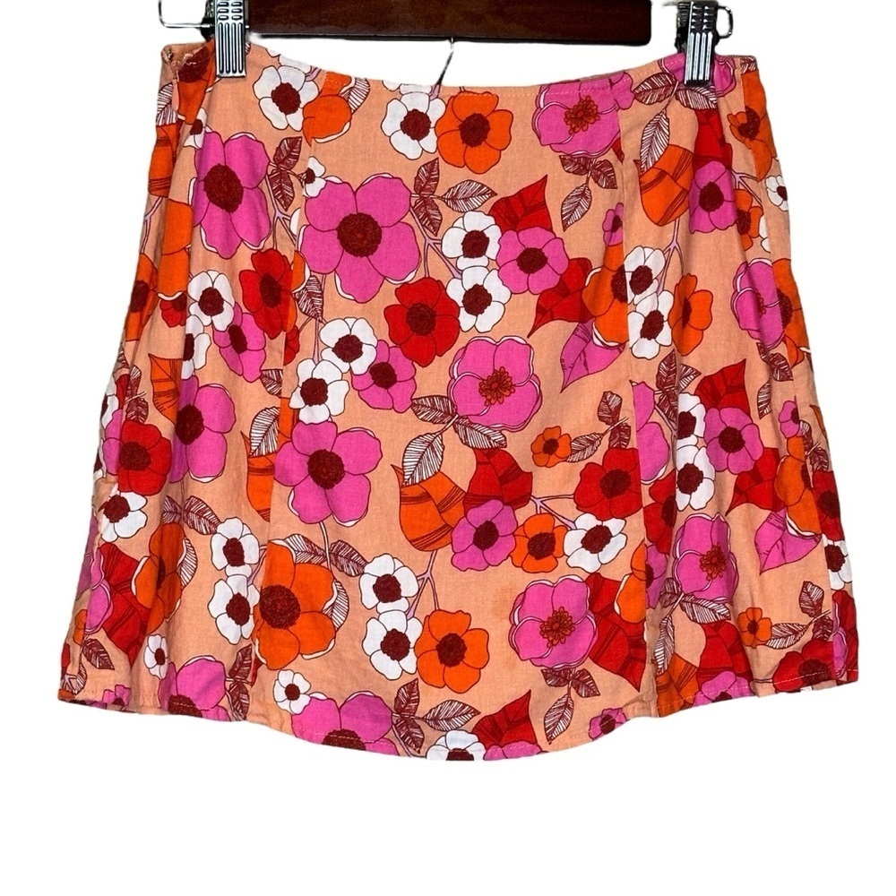 Urban Outfitters Pink, Orange, and White Floral Linen Lined Mini Skirt Medium - Picture 5 of 10